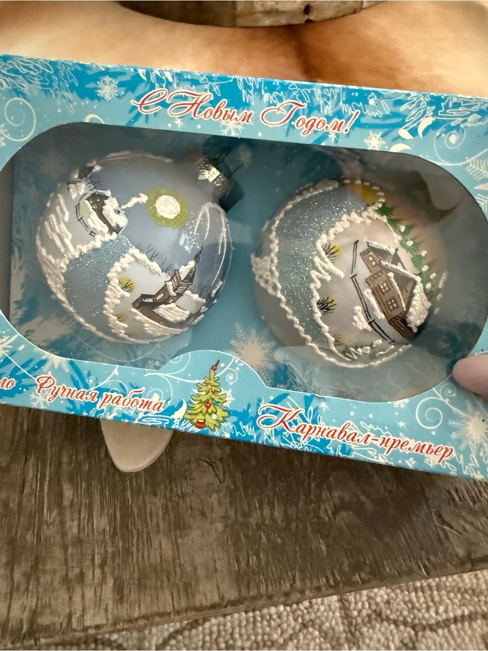 Vintage NIB Russian Glass Hand-painted Ornaments Set of 2